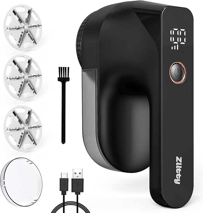 Fabric Shaver - Ziitty Lint Remover for Clothes, Sweater Defuzzer with LCD Display, 3-Speeds, 6-Blade, Type-C Rechargeable, Sweater Shaver to Remove Pilling Fuzz Lint Balls Pills for Clothes Furniture