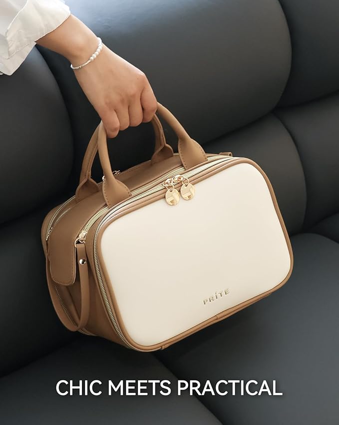 Prite Travel Makeup Bag Women’s Large Capacity Waterproof Cosmetic Organizer Portable Open Flat Toiletry Case with Free-standing Brush Holder and Handle(Beige Brown Large)