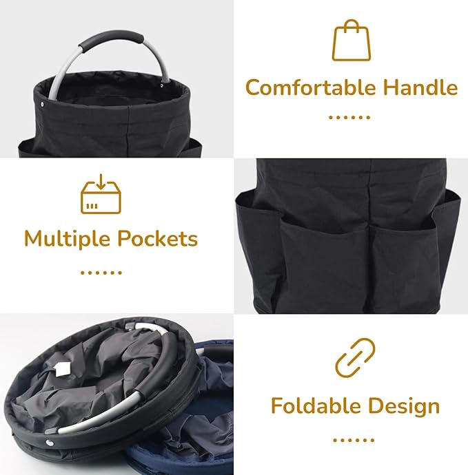 17L Foldable Storage Basket with 6 Side Pockets Cleaning Caddy with Handle Folding Storage Bin for Home Bathroom Camping Gardening (Black)