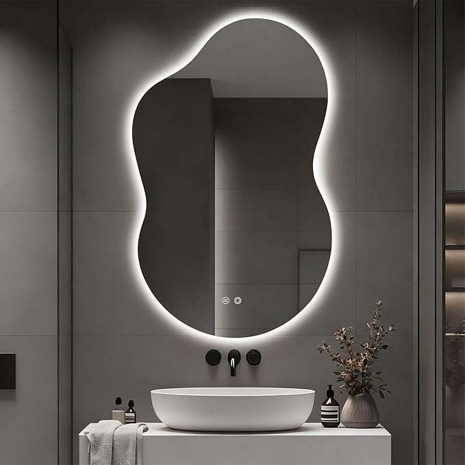 Asymmetrical Lighted Mirror for Bathroom,Modern LED Vanity Mirror with Backlit,Fog-Free,Tri-Color Dimmable Lighting with Memory Function,Hardwire Ready [Horizontal/Vertical] 48" H x 30" W