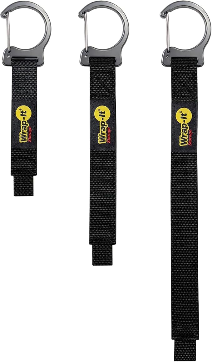 Wrap-It Storage Quick Clips - Assorted 3-Pack Black - Cable Straps with Metal Clips for Hanging Garage Accessories and Extension Cord or Hose Hanger