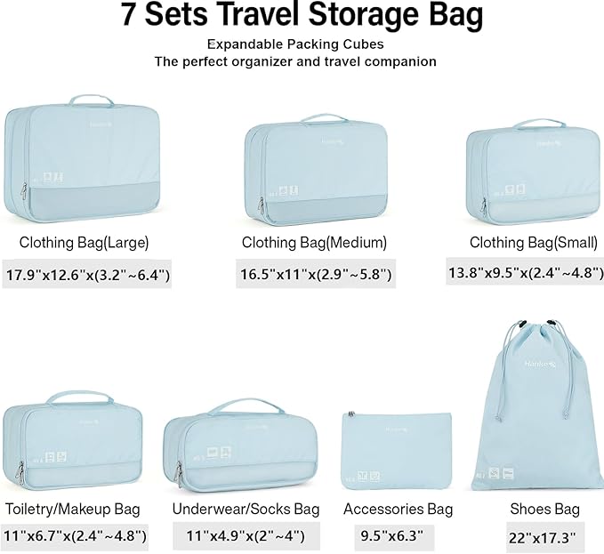 Hanke 7 Set Compression Packing Cubes for Travel, Expandable Large Packing Cubes for Suitcases and Backpack, Luggage Packing Organizer Bags with Double Zipper as Travel Essentials