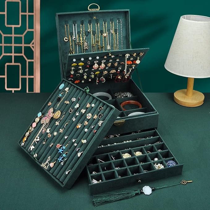 Jewelry Organizer 5 Layers Velvet Square Jewelry Box Women Necklace Ear studs Display Bangles Large Jewelry Storage Case Drawer GY306 (Green)