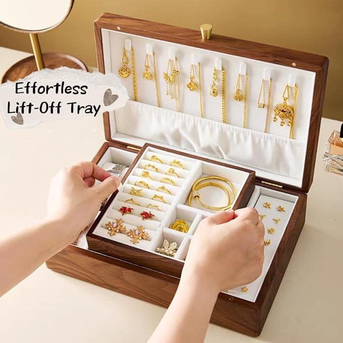 Bescott 2 Layer Solid Black Walnut Wooden Jewelry Box for Women Wood Vintage Organizer for Men Earrings Rings Necklaces Bracelet Watch Storage Mother's Day Gift
