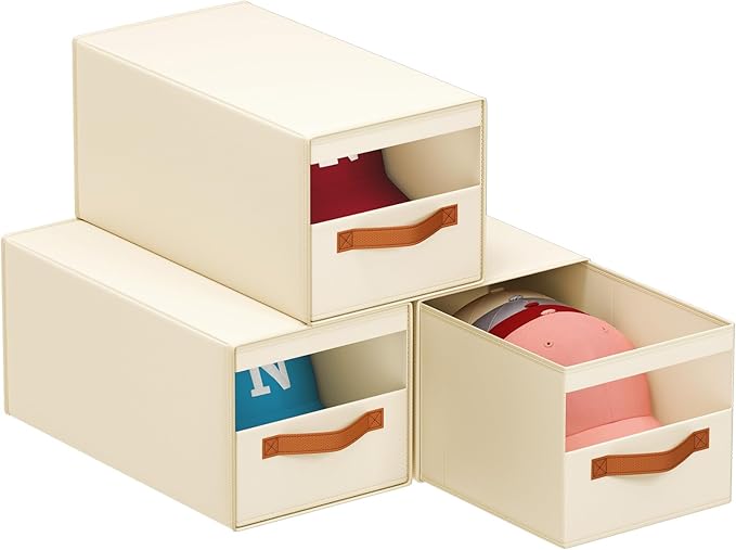 Hat Organizer for Baseball Caps - 3 Pack Pull-Out Drawer Hat Storage Organizer Box with Clear Window, Stackable Closet Cap Holder, Baseball Cap Organizer for Closet, Bedroom, Home, Beige