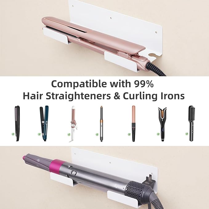 Curling Iron Holder Wall Mount, 2 Pack Aluminum Alloy Flat Iron Holder Wall Mount, Hair Straightener Holder 3M Adhesive & Screw for Bathroom White PTALSEAW