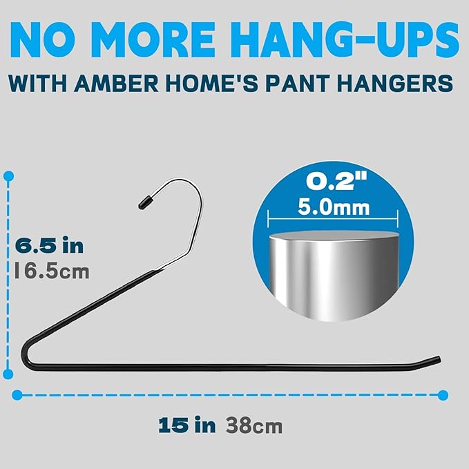 Amber Home 15" Metal Pants Hangers 20 Pack, Non Slip Open Ended Slacks Pants Hangers, Black Trouser and Jean Hanger for Closet, Space Saving Clothes Hanger Strong and Durable
