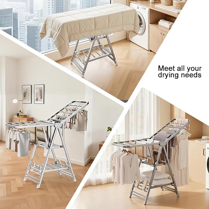 MIKEE Clothes Drying Rack,Stainless Steel Foldable Laundry Drying Rack with Height Adjustable Wings,Clothes Rack with Shoe Rack,Windproof Hanging Holes and Wheels，132 lb,Indoor Outdoor Use