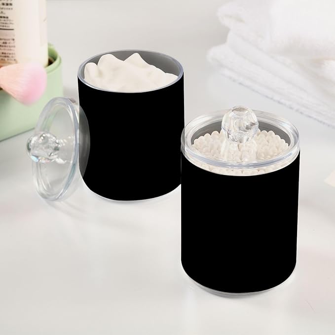 Qilmy Solid Black Qtip Holder 2 Pack, 14 oz Apothecary Jars Bathroom Vanity Organizer Canister for Qtips, Cotton Swabs, Cotton Balls, Cosmetic Pads, Flossers, Bath Salts