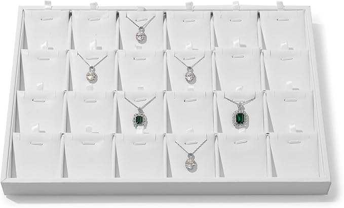 24 Grids White Leather Necklace Tray Jewelry Display Organizer Tray Drawers With Removable Jewellery Cards Necklace Bracelet Pendant Holder
