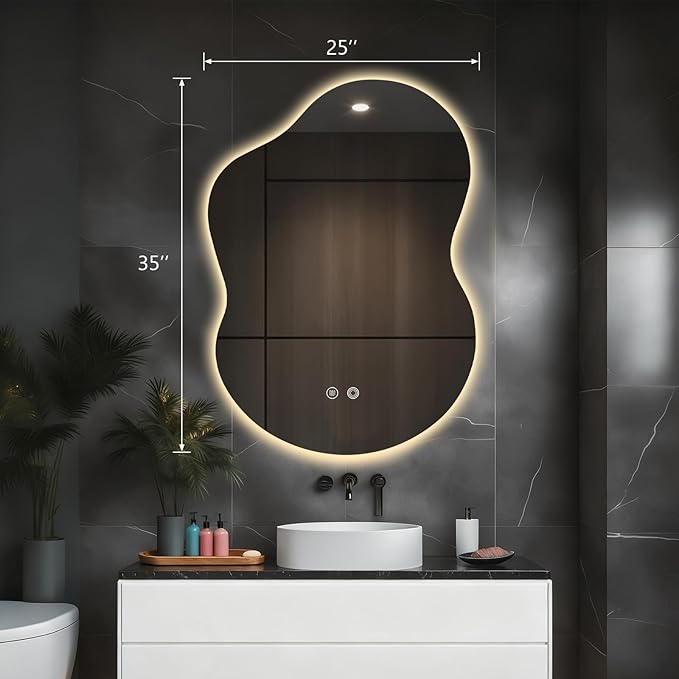 Asymmetrical Lighted Mirror for Bathroom,Modern LED Vanity Mirror with Backlit,Fog-Free,Tri-Color Dimmable Lighting with Memory Function,Hardwire Ready [Horizontal/Vertical] 35" H x 25" W