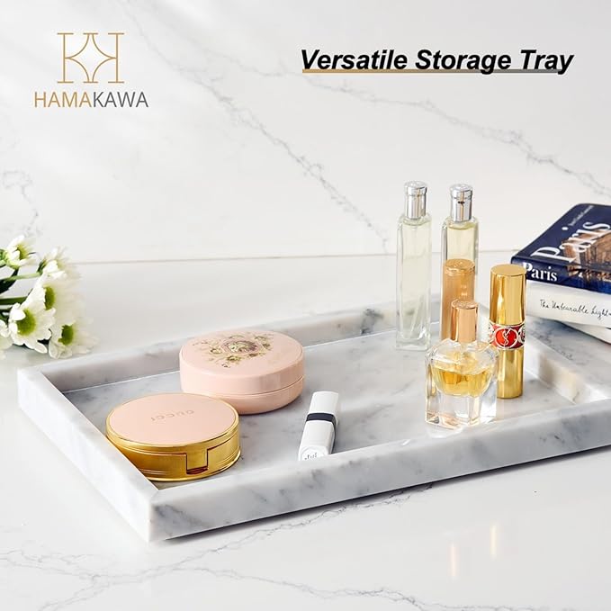 Large Bathroom Vanity Tray, Real Natural Marble Sink Tray 12 inch, Carrara White Stone Toilet Tank Trays, Modern Dresser Trays, Countertop Organizer for Kitchen Counter, Soap Dispenser