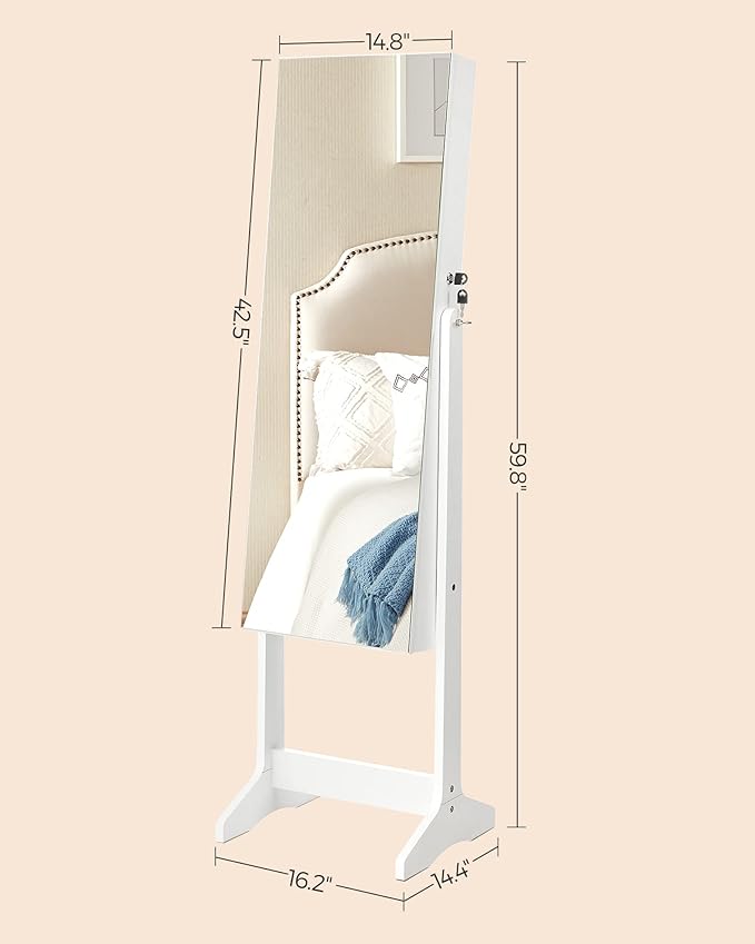 SONGMICS Jewelry Cabinet Armoire, Freestanding Lockable Storage Organizer Unit with 2 Plastic Cosmetic Storage, Full-Length Frameless Mirror, for Necklace Earring, White UJJC002W01