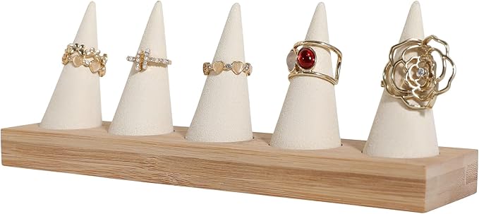 GemeShou Beige wood ring storage organizer, Velvet Jewelry ring display holder, Cute ring display stand for selling, wedding ring holder at nightstand【Beige with five cone】