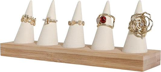 GemeShou Beige wood ring storage organizer, Velvet Jewelry ring display holder, Cute ring display stand for selling, wedding ring holder at nightstand【Beige with five cone】