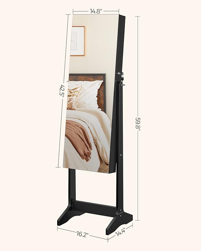 SONGMICS Jewelry Cabinet Armoire, Freestanding Lockable Storage Organizer Unit with 2 Plastic Cosmetic Storage, Full-Length Frameless Mirror, for Necklace Earring, Black UJJC002B01