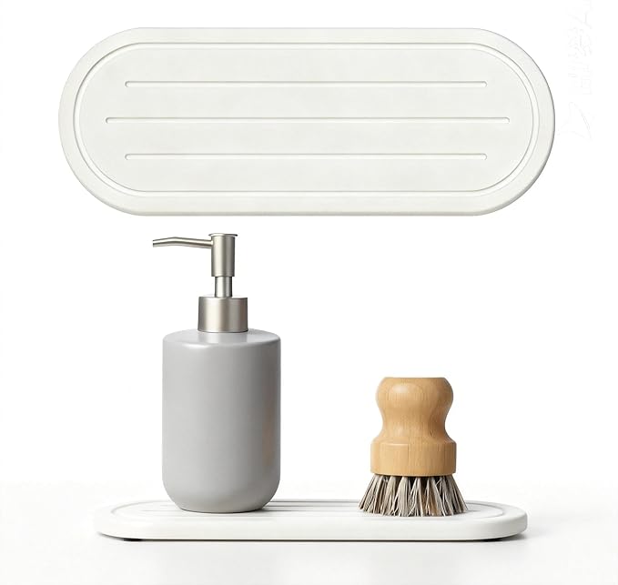 2PCS Water Absorbing Stone Drying Tray Mat for Bathroom Sink & Kitchen Counter Faucet Organizer Decor, Quick Dry Dish Soap Dispenser Sponge Holder, Vanity Sink Caddy Coaster,White -10"*3.8"