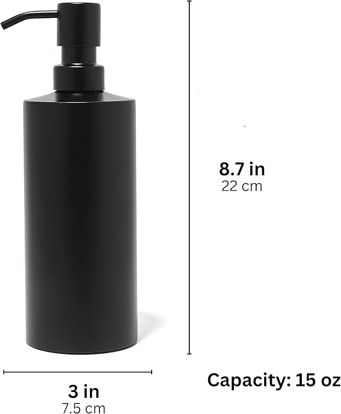 Black Soap Dispenser for Kitchen & Bathroom – 15 oz Refillable Resin Pump Bottle for Dish Soap, Hand Soap, Shampoo, Conditioner – Modern Countertop Dispenser with Non-Slip Protective Pads
