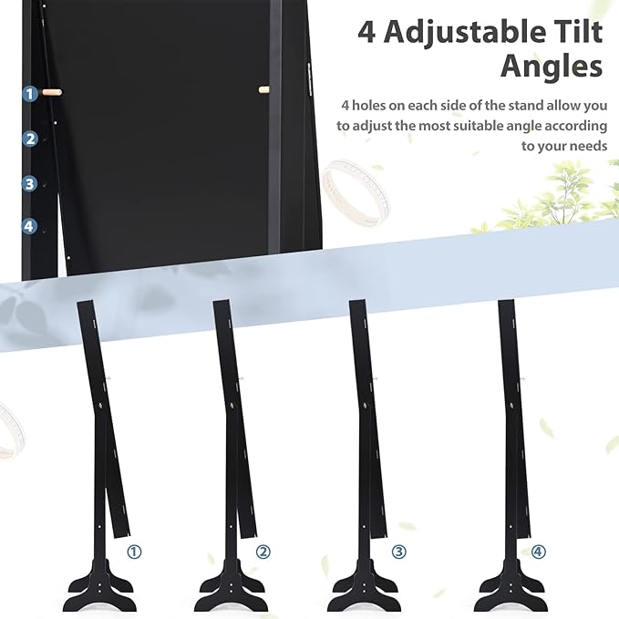 COSTWAY Standing Jewelry Armoire Cabinet, 4-Angle Tilting Jewelry Organizer with Full-Length Mirror and Large Storage Capacity, Lockable Jewelry Cabinet for Bedroom, Dressing Room (Black)