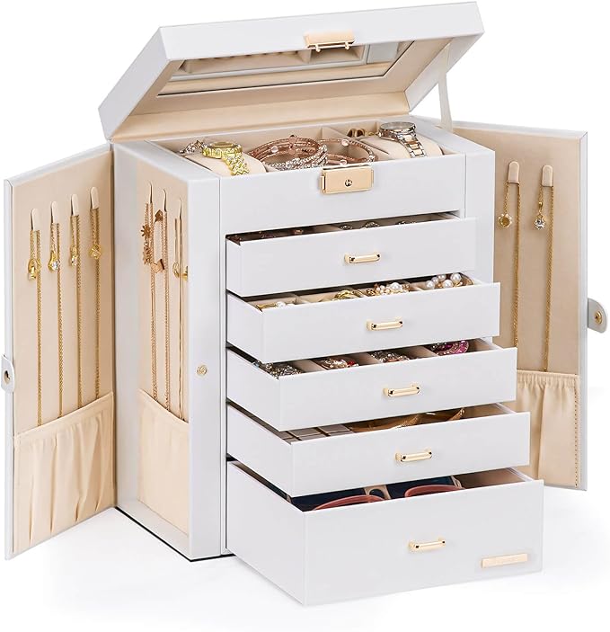 Homde Jewelry Box Large for Women: 6 Layers 5 Drawers Organizer with Mirror for Ring Earring Necklace - Storage Holder with Lock for Dresser (White) - Christmas Gifts
