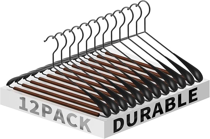 Jiang&Rong 12 Pack Wide Shoulder Metal Hangers - Heavy-Duty Retro Wooden Pants Bar Suit Hangers for Closet, Dresses, Pants, Sweaters, Jackets