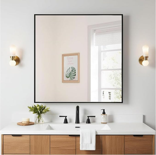 Rectangle Bathroom Mirror 30x30 inch, Large Mirror with Black Frame, Rectangular Vanity Mirror 30" X 30", Modern Matte Wall Mounting Mirrors, Hang Horizontal or Vertical