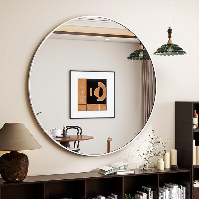 White Round Mirror, 30 Inch Circle Bathroom Mirror with Metal Frame, Wall-Mounted for Entryway, Bathroom, Vanity, Living Room