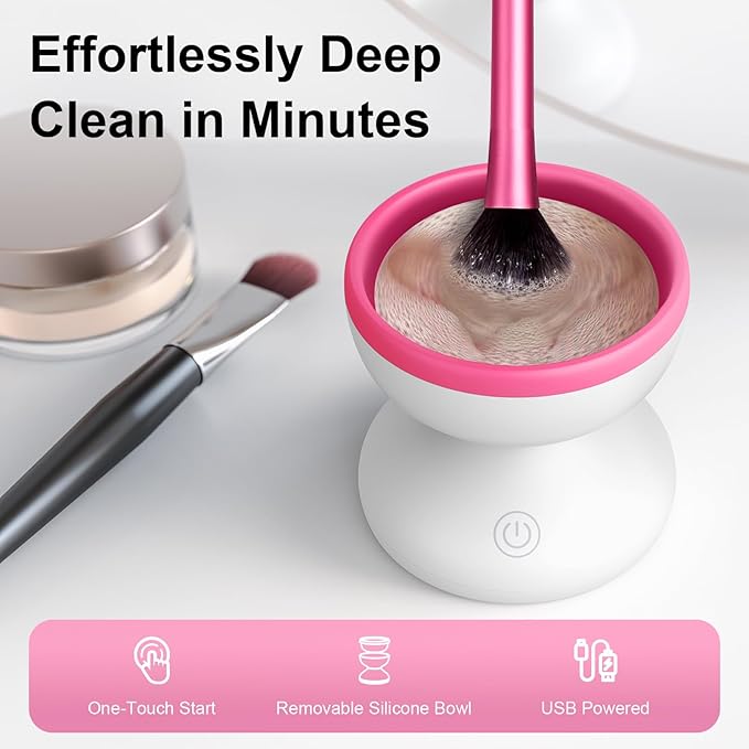 Norate Electric Makeup Brush Cleaner Machine, Automatic Make up Brush Cleaner for Fast Deep Cleaning - Removes Residue from Make up Brushes, Sponge, Stocking Stuffers for Women, Teen Girls (Pink)