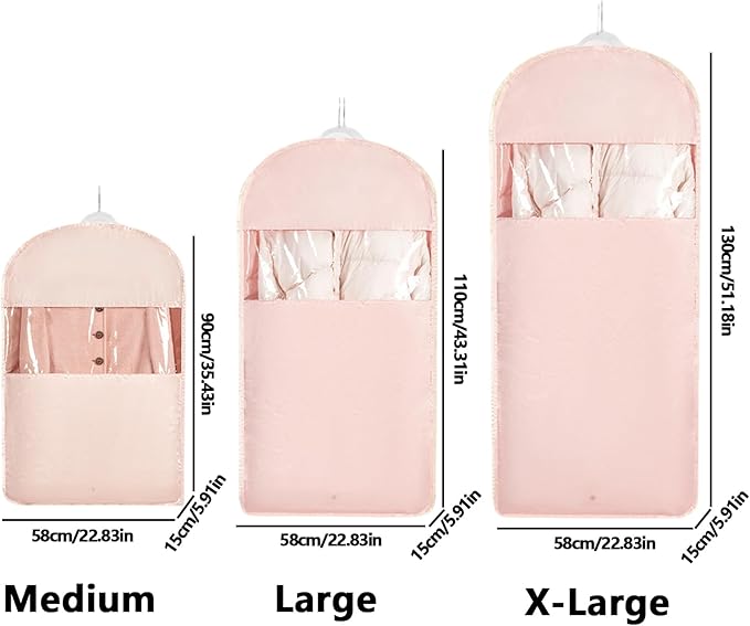 Space Saving Hanging Garment Bag with Self Compression Zipper，Dust Cover Clothes Bags for Down Coat,Dress,Suit，Closet Storage Organizer for Home Travel Use(Pink, M+L+XL)