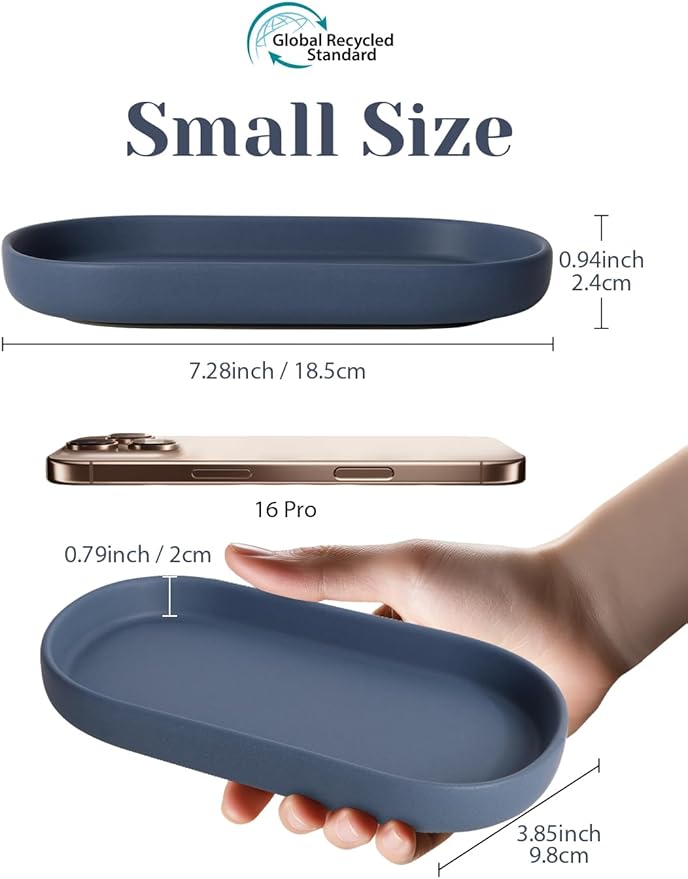 INGOFIN 7" Ceramic Bathroom Vanity Tray- Bathroom Organizer Countertop Tray for Perfume, Jewelry, Candles, Small Kitchen Counter Soap Tray, Decorative for Bathroom Vanity, Toilet Tank, Blue