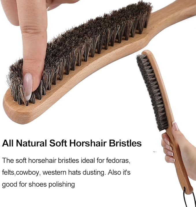 Hat Brush Combo Kit - Horsehair Felt Hat Brush Clean Cowboy Hat, Fedora Hat & Baseball Cap, Boar Bristle Lint Brush Remove Pet Hair Dust for Suits, Suede, Clothes & Furniture, Beech Handle - 2 Pack