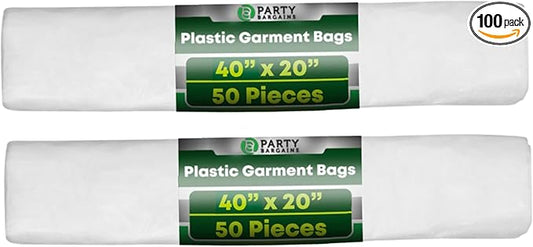 PARTY BARGAINS 40 x 20 Inch Disposable Clear Garment Bags, 100 Pack – Heavy-Duty Plastic Clothes Covers for Suits Dresses Coats, Closet & Travel