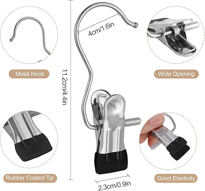 50PCS Space-Saving Clothespin, Portable 360° Rotating Stainless Steel Hanging Hook Clips Towel Clips,Laundry Hooks Hanging Clips with Clips for Home and Travel, Black