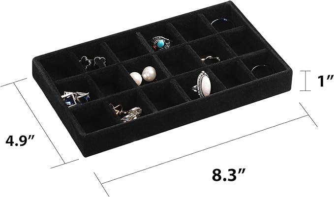 Frebeauty Jewelry Organizer Tray,Stackable Velvet Jewelry Trays,Drawer Inserts Earring Organizer For Women Jewelry Storage Display Case for Rings Stud Necklaces,Set of 4(Black)
