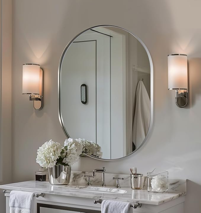 ANDY STAR 24x32'' Oval Mirror, Polished Chrome Oval Mirror Pill-Shaped Design in Stainless Steel Metal Frame for Bathroom, Entryway, Living Room, Contemporary 1" Deep Wall Mount Vertical or Horizontal