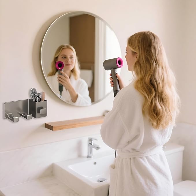 Hair Dryer Holder Wall Mounted, Blow Dryer Holder for Salon, Bedroom, Bathroom Storage, Multi-Functional Bathroom Wall Shelves Hair Tools Organizer for Hairdryers Hairbrush - No Drilling Needed