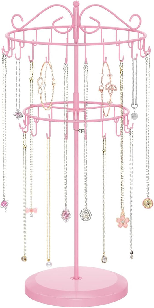 iDavosic.ly 2 Tier Rotating Necklace Holder Organizer with 42 Hooks, Adjustable Metal Bracelet Display Stand Rack, Extra Tall Keychain Spinning Tree Tower for Women, Pink
