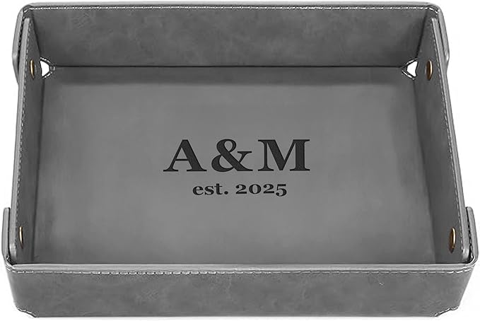 Engraved Leather Valet Tray for Couples – Personalized Catchall with Custom Name – Organizer for Keys, Wallet, Jewelry – Romantic Gift – Grey