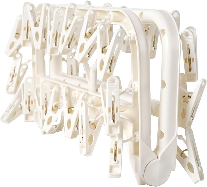 Foldable Clothes Drying Rack with 32 Drying Clips Wind-Proof Hook Underwear Hanger Plastic Laundry Clip for Socks Bras (White)