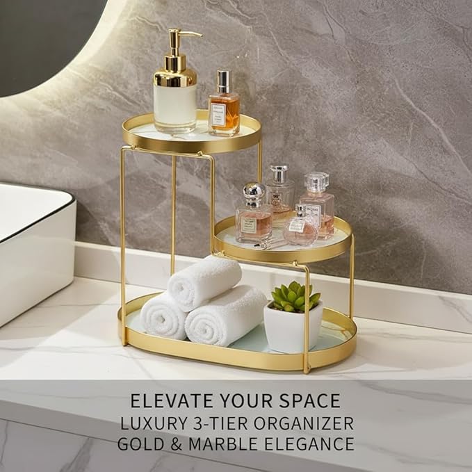 Makeup Organizer Countertop, 3 Tiers Skincare Organizer with Gold Finish, Durable Metal Storage for Bathroom or Bedroom Vanity, Tall Spacious Design for Large Bottles