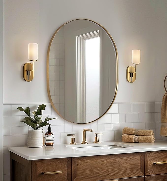 ANDY STAR Oval Bathroom Mirror, 24x32’’ Gold Oval Mirror Pill-Shaped Design in Stainless Steel Metal Frame for Bathroom, Entryway, Living Room, Contemporary 1" Deep Wall Mount Vertical or Horizontal