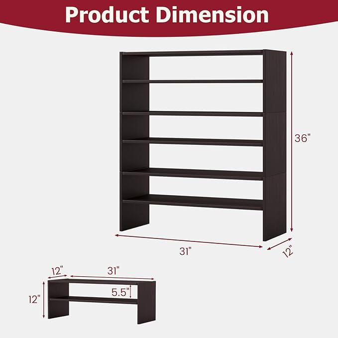 Tangkula Stackble Shoe Rack, Space Saving 6-Tier Corner Shoe Storage Shelf for 18 Pairs, 3-in-1 Adjustable White Shoe Organizer for Front Door Entryway (Coffee)