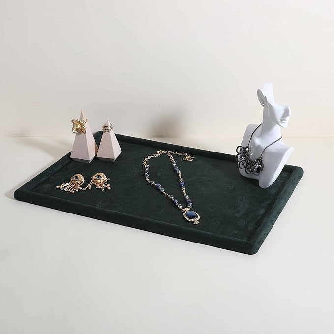 Rectangle Jewelry storage organizer plate, Velvet Jewerly display tray, Empty showcase tray for Necklace Bracelet Ring Earring【Green-Large, 17.7 x 11.8 in 】