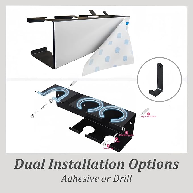 Hair Tool Organizer, Stainless Steel Hair Dryer and Straightener Holder, Curling Iron Holder Wall Mount 3-in-1 Storage for Bathroom, Hair Dryer Holder Black BANJEKT