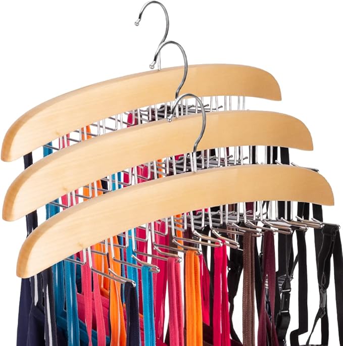 3 Pack Tank Top & Bra Hanger, Tie & Belt Hanger with Natural Wood, 24 Space Saving, 360 Rotating, Foldable Metal Hooks, Closet Organizer and Storage Rack for Tank Tops/Bras/Ties/Belts
