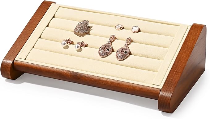 Solid Wood Ring Stand Earrings Stand Jewelry Display Stand Wood Jewelry Ring Showcase Display Organizer for Showcase Storage (Beige)