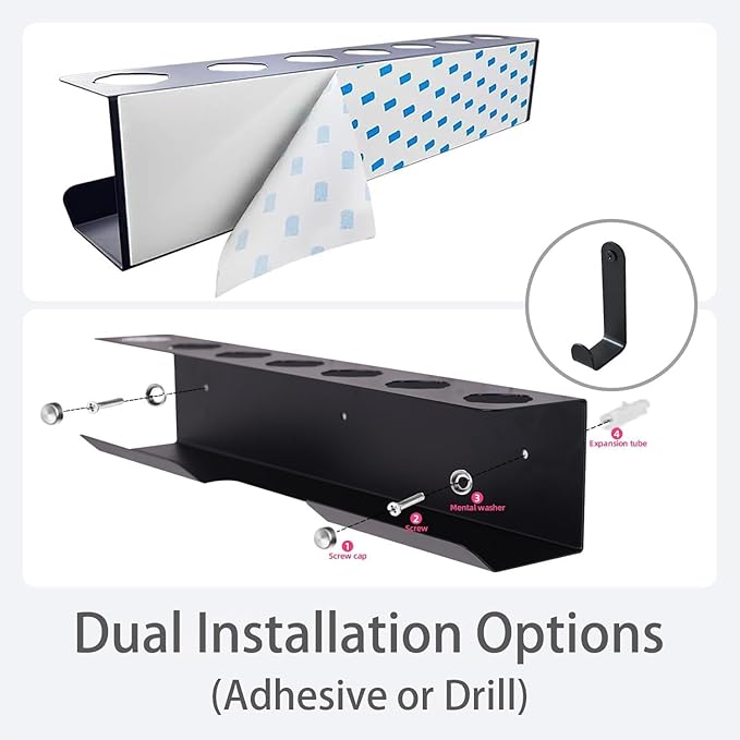 Hair Dryer Holder for Airwrap, Aluminum Hair Tool Holder Wall Mount Black with 7 Custom Slots & Cable Hook, Hair Tool Organizer Wall Mounted for Bathroom