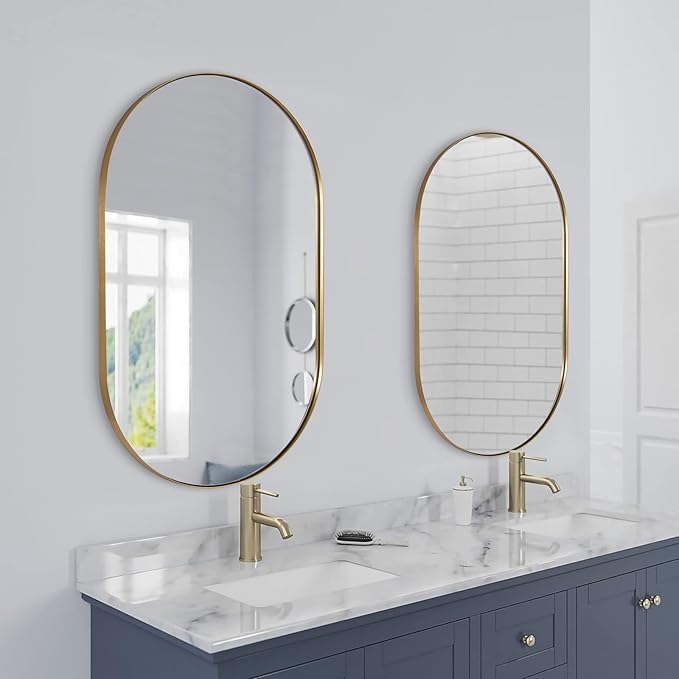 ANDY STAR Oval Bathroom Mirror, 20x33’’Oval Gold Mirror Stainless Steel Metal Frame Mirror for Bathroom, Entryway, Living Room, Contemporary 1" Deep Set Design Wall Mount Hangs Vertical or Horizontal