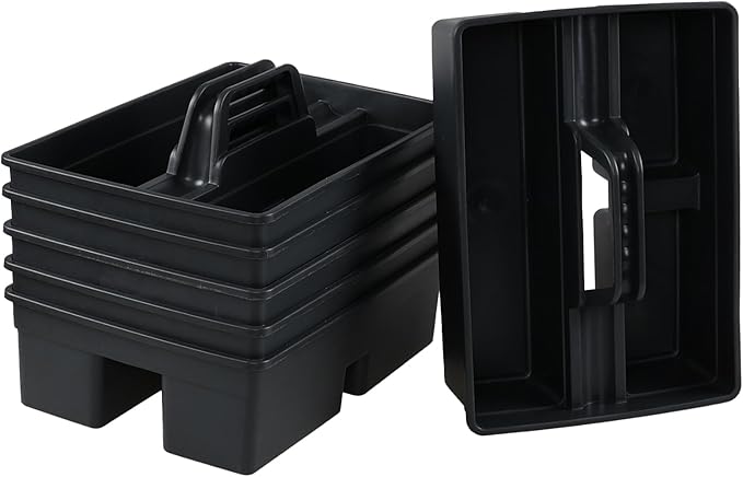 Set of 6 Plastic 3 Compartments Cleaning Supplies Caddy with Handle, Commercial Cleaning Caddy Organizer, Gray