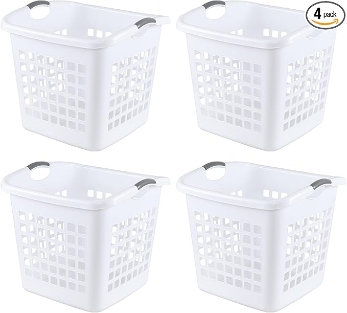 2 Bushel Square Tall Plastic Laundry Basket, 72 L Large Plastic Hamper with Carry Handle, White, 4 Pack